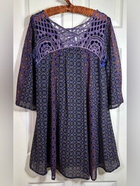 japna dress navy crochet boho hippie lined floral small